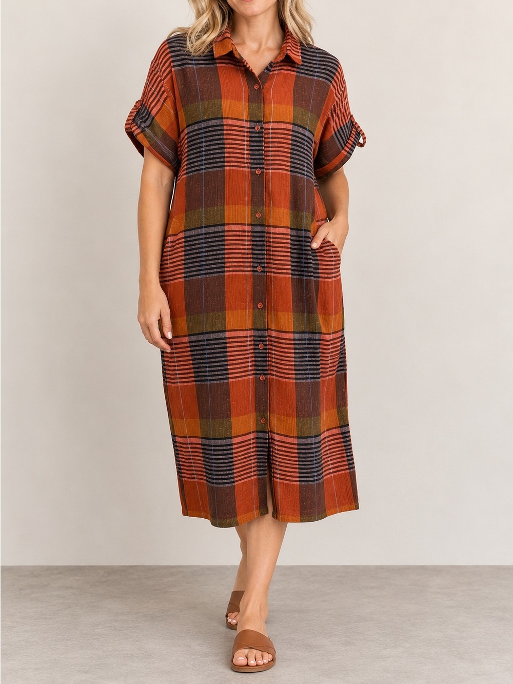 Vintage Cotton Blend Plaid Shirt Dress Size 14 Burnt Orange Made in Britain BHS